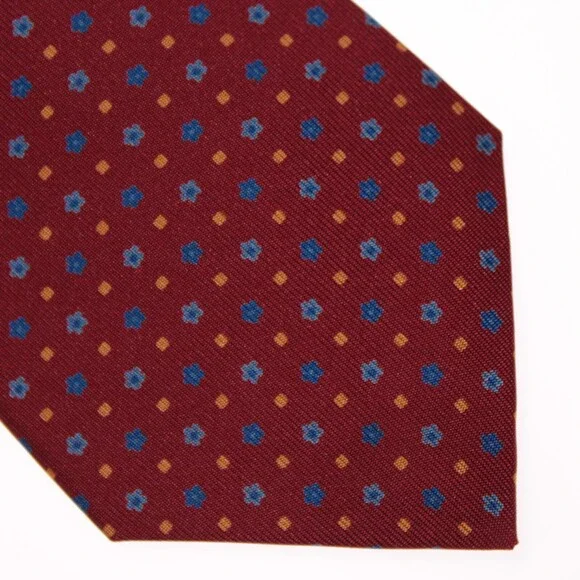 Drake's NWT Neck Tie in Red w/ Blue & Yellow Floral / Square Pattern 100% Silk